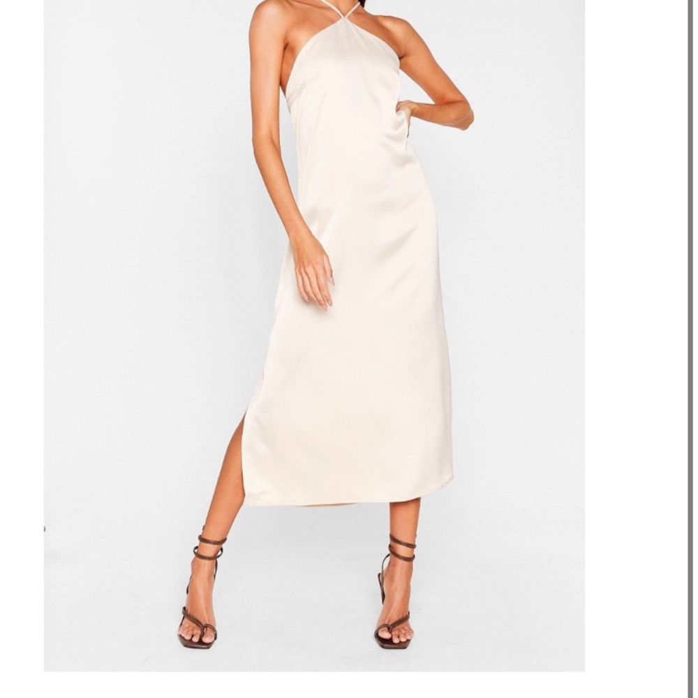 Nasty gal halter, silk, champagne, midi dress, side slit